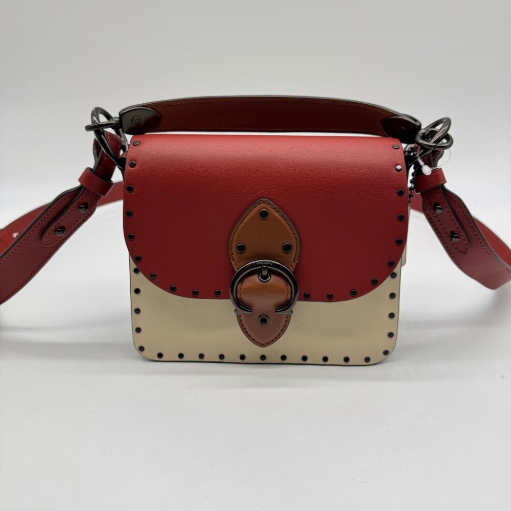 COACH Beat 18 rivets leather shoulder crossbody bag -Red Sand Ivory Tan - Picture 2 of 13